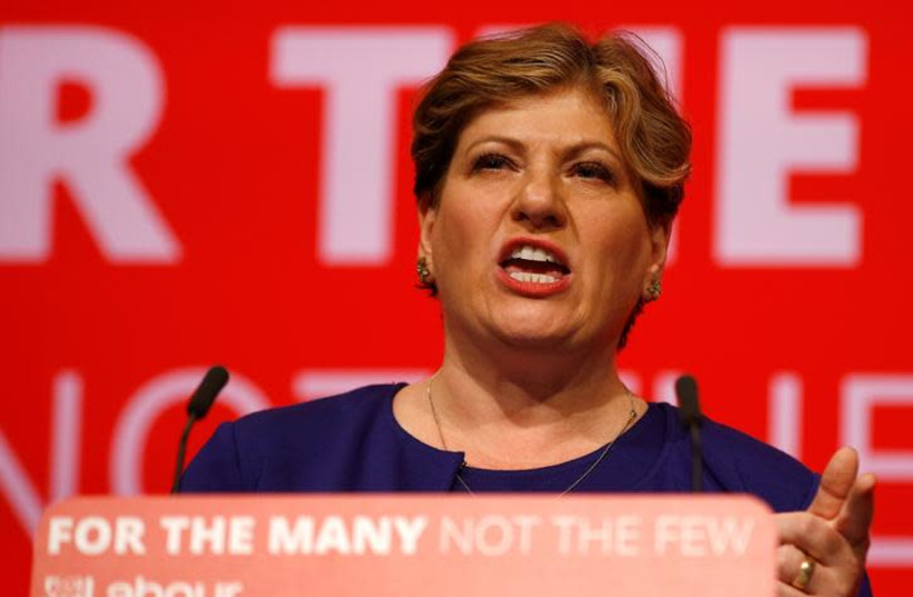 Emily Thornberry speaks at the Labour party Conference in Brighton, Britain, September 25, 2017 (photo credit: REUTERS/PETER NICHOLLS)