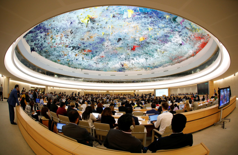 Overview of the Human Rights Council one day after the U.S. announced their withdraw at the United Nations in Geneva, (photo credit: DENIS BALIBOUSE/REUTERS)