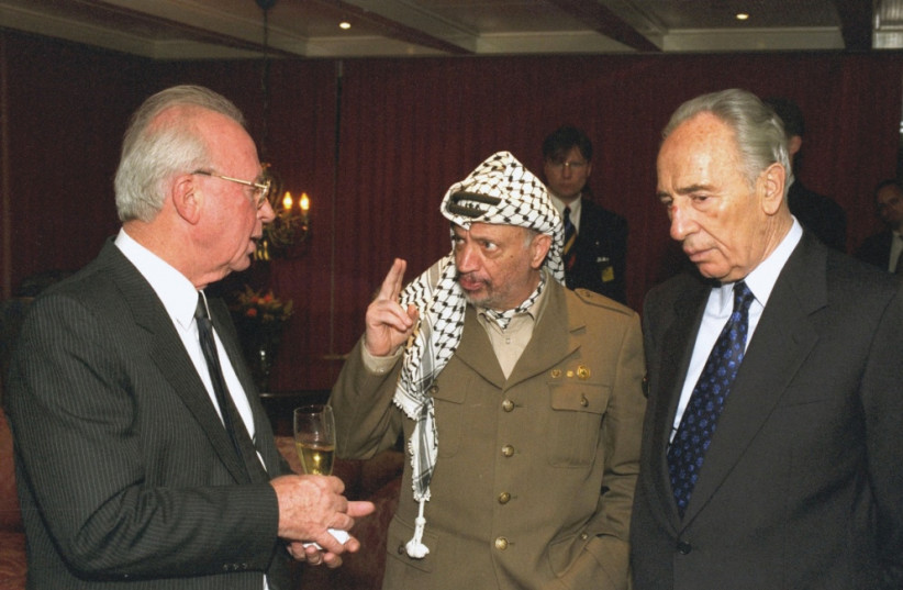 YITZHAK RABIN, Yasser Arafat and Shimon Peres in the movie ‘The Oslo Diaries,’ about the attempt to bring peace to the Middle East through the Oslo Accords during the 1990s. (photo credit: SAAR YAACOV)