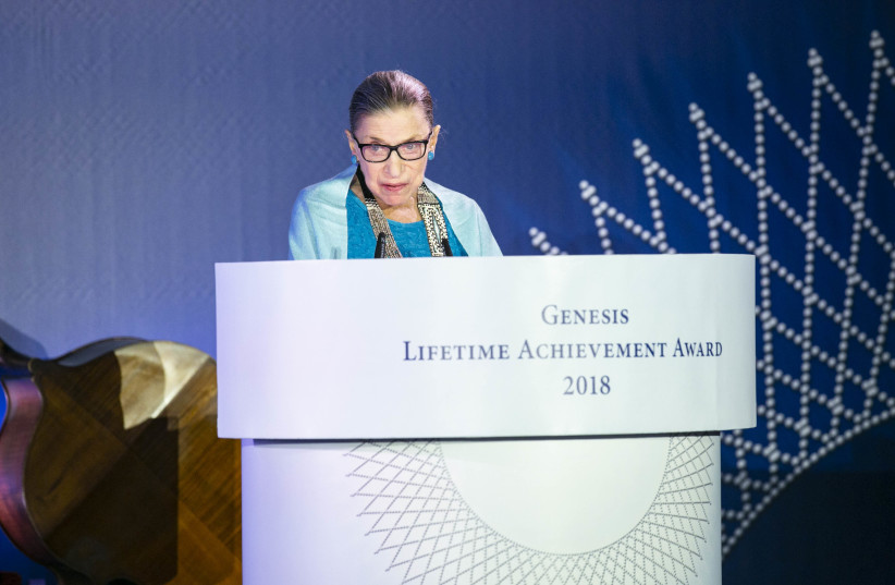  Ruth Bader Ginsburg speaks as she receives The Genesis Prize's Lifetime Achievement award (photo credit: GENESIS PRIZE FOUNDATION)