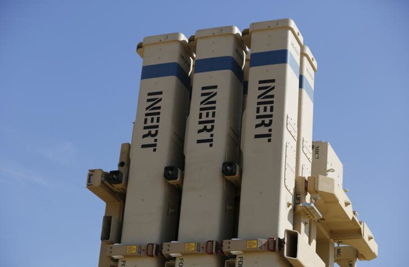 The launching system is seen on an inactive version of Israel's air defense system, David's Sling, jointly developed with the United States, at a media event during a joint exercise between the two counties in Hatzor air base near Tel Aviv February 25, 2016 (photo credit: REUTERS/AMIR COHEN)