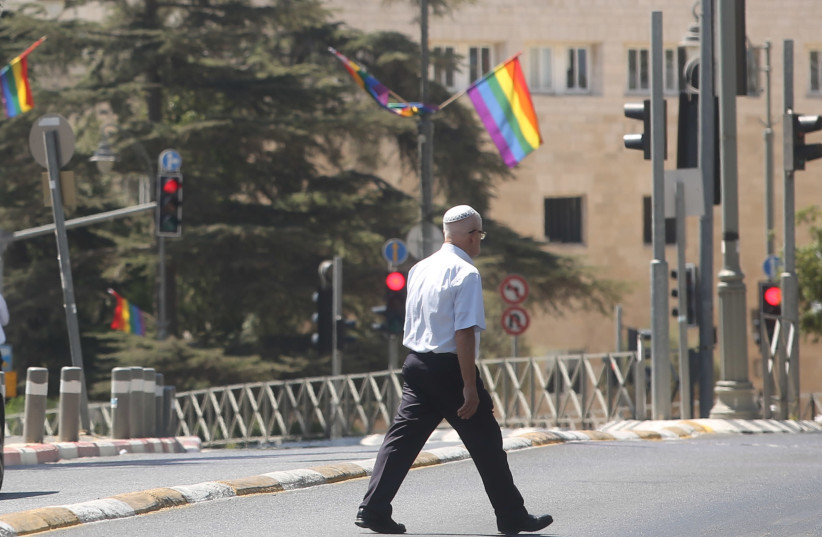 LGBT flag on Jerusalem's King George Street, July 31, 2018 (photo credit: MARC ISRAEL SELLEM)