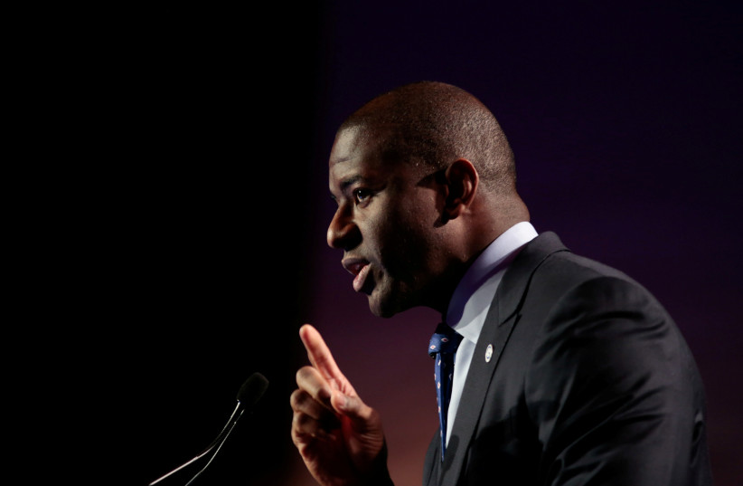 Tallahassee, Florida Mayor, Andrew D. Gillum addresses the audience at the Netroots Nation annual conference for political progressives in Atlanta, Georgia, U.S. (August 10, 2017).  (photo credit: REUTERS/CHRIS ALUKA BERRY)