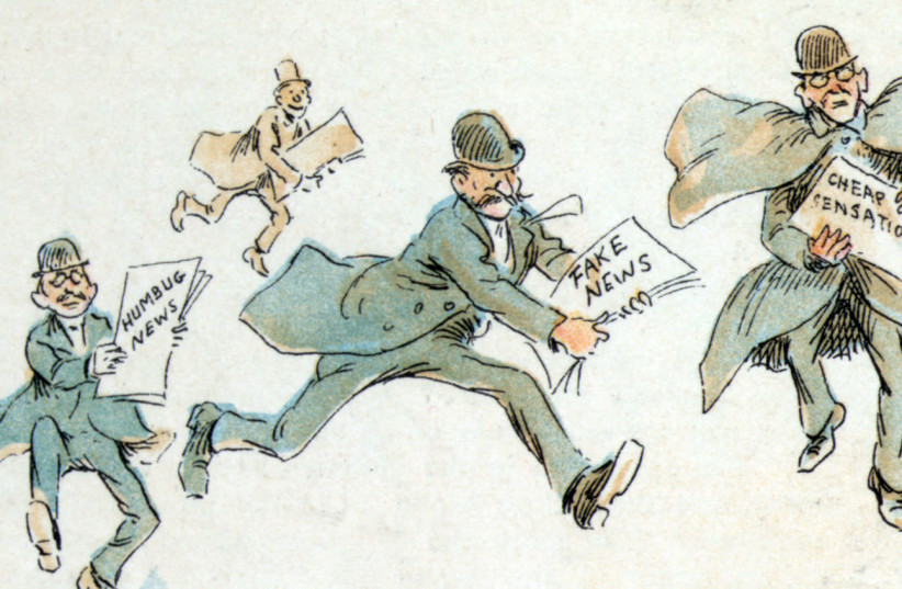 Reporters with various forms of ‘fake news,’ 1894 illustration by Frederick Burr Opper (photo credit: Wikimedia Commons)