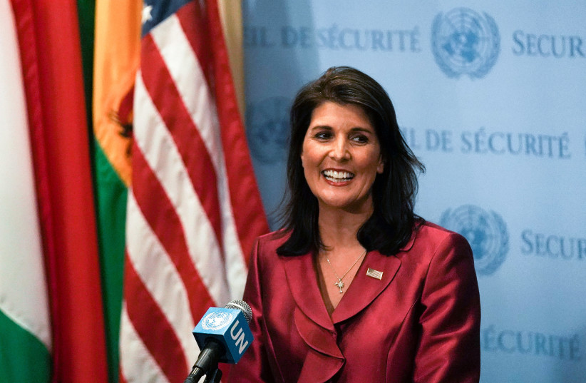 US Ambassador to the United Nations Nikki Haley speaks during a news conference at UN headquarters in Manhattan, New York, 2018 (photo credit: JEENAH MOON/REUTERS)