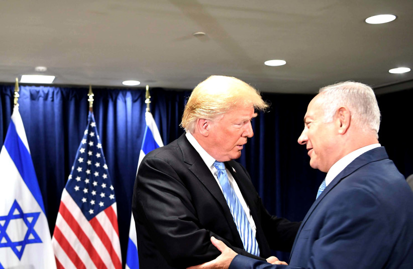 Benjamin Netanyahu and Donald Trump speaking at UN Security Council, Spetember 26, 2018 (photo credit: GPO PHOTO DEPARTMENT)