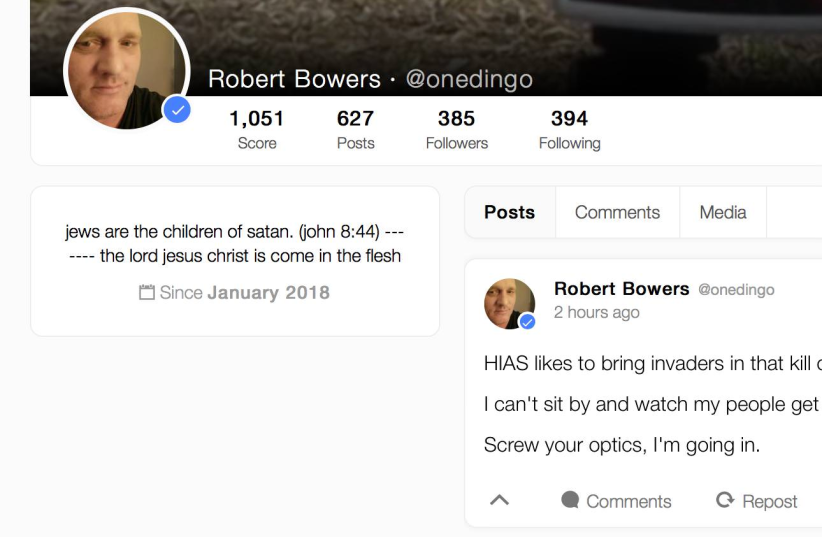 A post made from the alleged Pittsburgh shooter's, Robert Bowers, Gab account. (photo credit: Courtesy)
