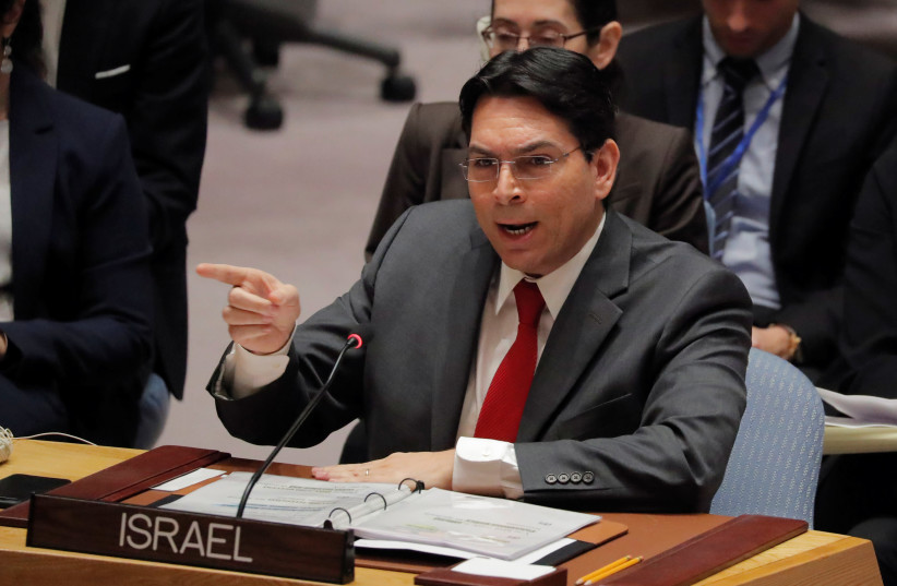 Israel's Ambassador to the United Nations (UN) Danny Danon speaks during a meeting of the UN Security Council at UN headquarters in New York, February 20, 2018 (photo credit: LUCAS JACKSON/REUTERS)