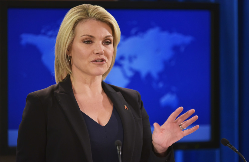 Heather Nauert speaks during a briefing at the State Department in Washington, DC, November 30th, 2017 (photo credit: MANDEL NGAN / AFP)