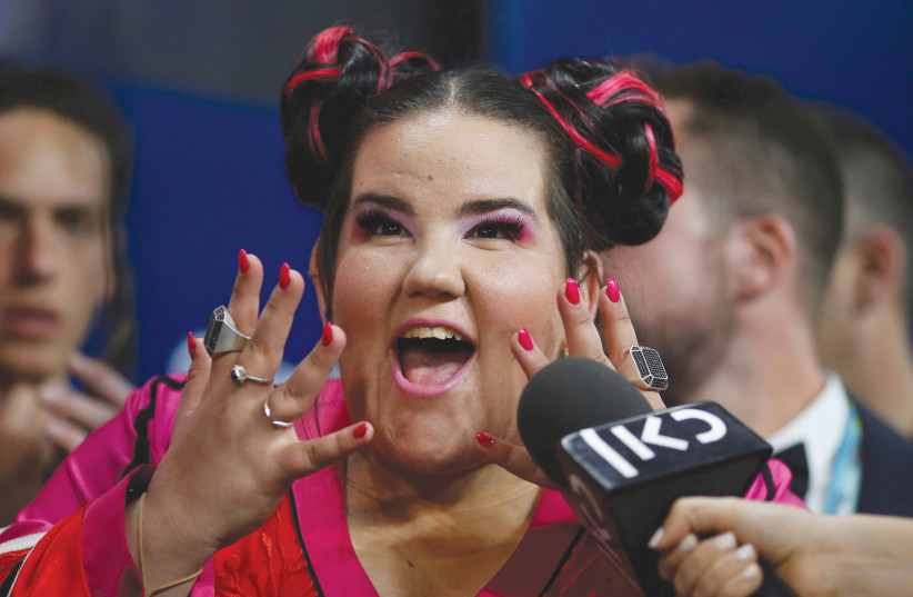 NETTA ATTENDS the news conference after winning the Eurovision Song Contest 2018 in Lisbon, Portugal. (photo credit: PEDRO NUNES/REUTERS)