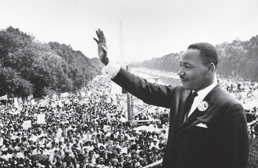 DR. MARTIN Luther King, Jr. addresses the crowd from the steps of the Lincoln Memorial, during the March on Washington on August 28, 1963. (photo credit: Wikimedia Commons)