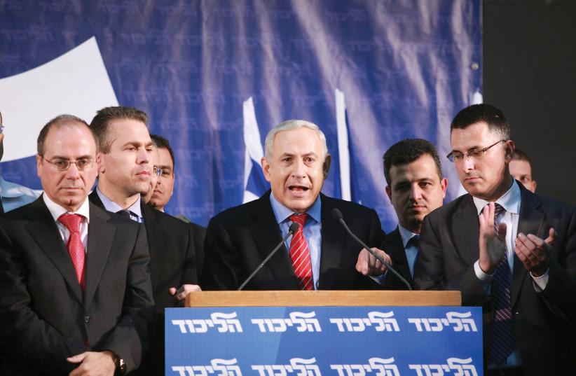 HOW TIMES have changed. Prime Minster Benjamin Netanyahu addresses a Likud primaries event several years ago flanked by (from left) Silvan Shalom, Gilad Erdan, Carmel Shama and Gideon Sa’a’ar. (photo credit: MARC ISRAEL SELLEM)