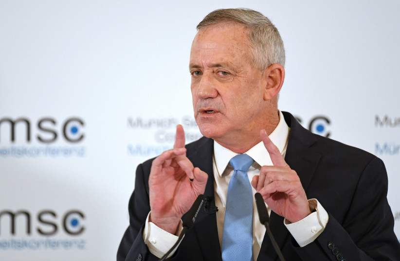 Benny Gantz speaks at the annual Munich Security Conference in Munich, Germany February 17, 2019 (photo credit: ANDREAS GEBERT/REUTERS)