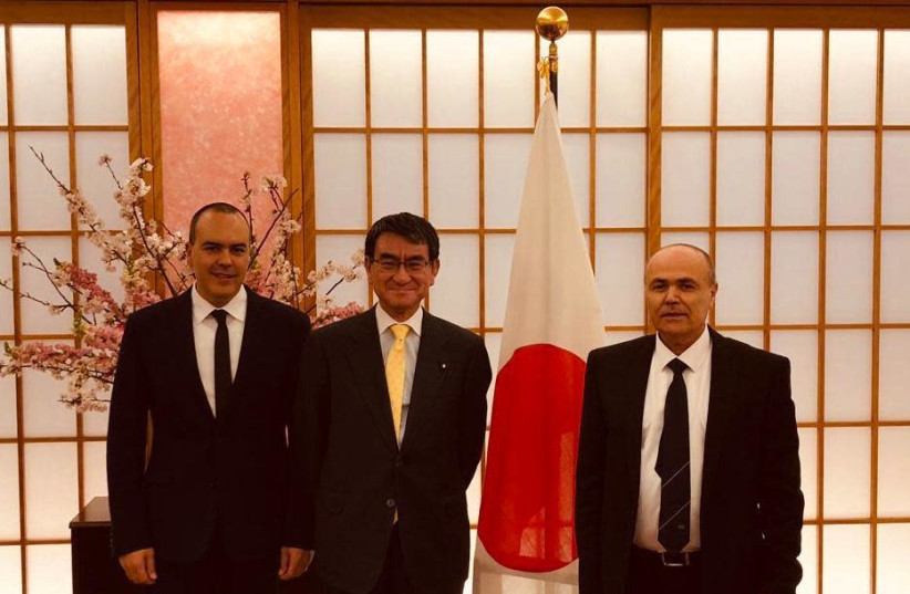 Head of COGAT’s Civil Department, Colonel Sharon Biton, Japan’s Minister of Foreign Affairs, Mr. Tarō Kōno, the Coordinator of Government Activities in the Territories, Major General Kamil Abu Rukun. (photo credit: COGAT SPOKESPERSON'S UNIT)