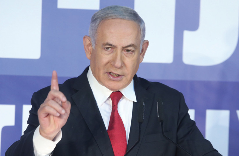 Netanyahu speaking at a recent election campaign event (photo credit: MARC ISRAEL SELLEM)