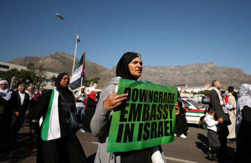 Protesters call for diplomatic ties between South Africa and Israel to be severed during a 2018 demonstration in Cape Town, South Africa. (photo credit: MIKE HUTCHINGS / REUTERS)