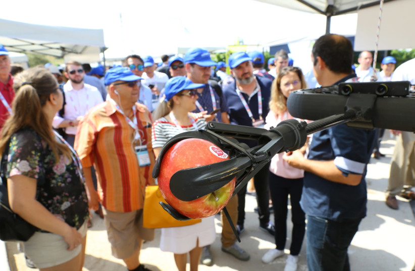 A fruit-picking drone designed by Tevel Aerobotics Technologies on display at Agriisrael 4.0, June 25, 2019  (photo credit: HAGAY OFFEN)