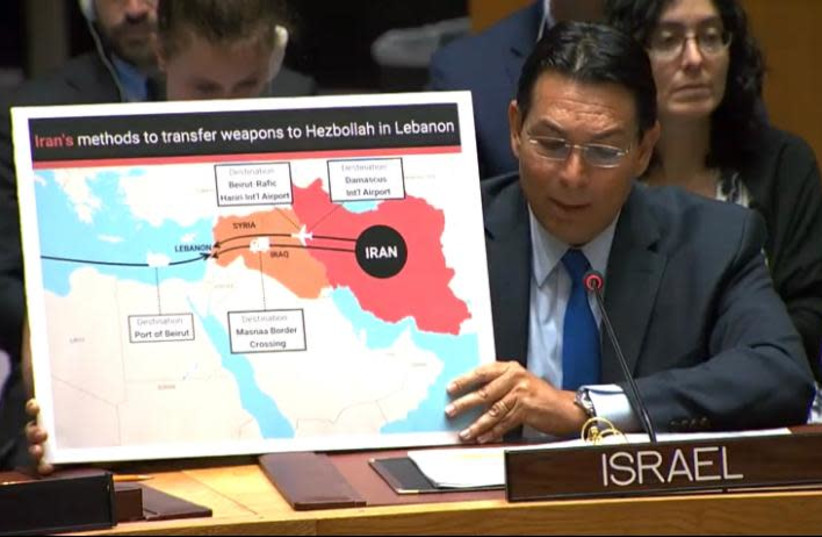 Ambassador Danon reveals new intelligence information in the Security Council: Iran and Syria are smuggling dual-use equipment into Lebanon to build up Hezbollah (photo credit: ISRAEL'S NEW YORK MISSION)