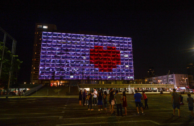Tel Aviv City Hall on a special display for Jewish Holiday of Love  (photo credit: KOBI RICHTER/TPS)
