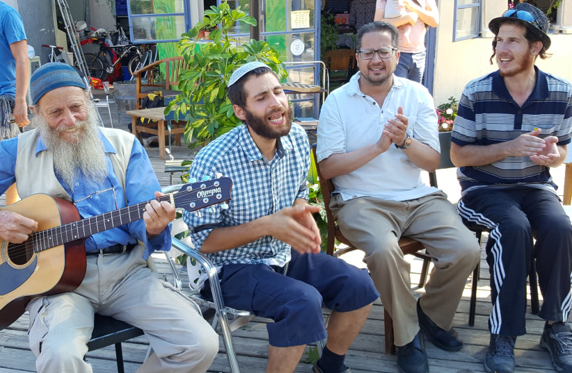 A musical Kabbat Shabbat ended the JeruStock event. ( From Right to Left) Yankele Shemesh, who was at the original Woodstock, Kalman Flax, Maury Epstein and Daniel Levin (photo credit: BEN BRESKY)