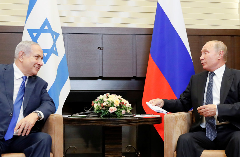 Russian President Vladimir Putin attends a meeting with Israeli Prime Minister Benjamin Netanyahu at the Bocharov Ruchei state residence in Sochi, Russia September 12, 2019.  (photo credit: REUTERS/SHAMIL ZHUMATOV)