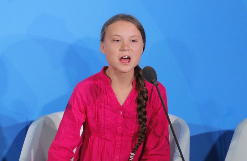 16-year-old Swedish Climate activist Greta Thunberg speaks at the 2019 United Nations Climate Action Summit at U.N. headquarters in New York City, New York, U.S., September 23, 2019 (photo credit: LUCAS JACKSON/REUTERS)