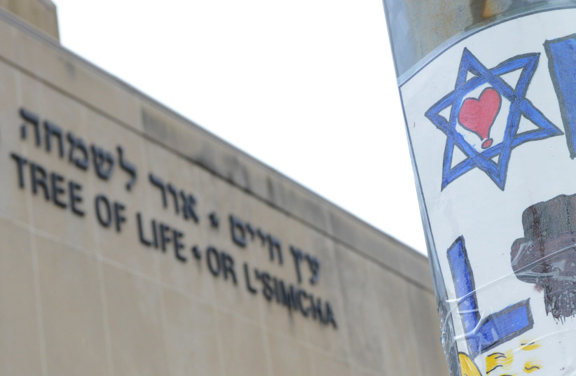 The facade of the Tree of Life synagogue, where a mass shooting occurred last Saturday, in Pittsburgh, Pennsylvania, U.S., November 3, 2018 (photo credit: ALAN FREED/REUTERS)
