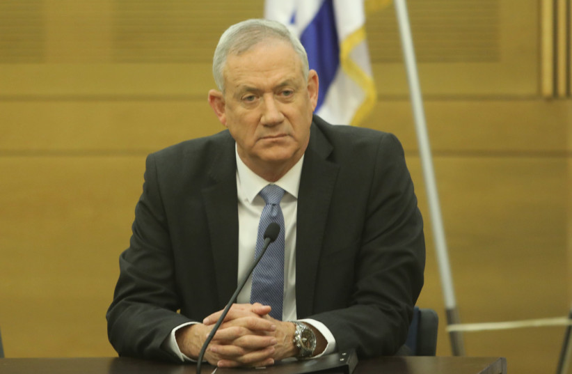 Blue and White leader Benny Gantz at a faction meeting at the Knesset, November 18, 2019 (photo credit: MARC ISRAEL SELLEM/REUTERS)