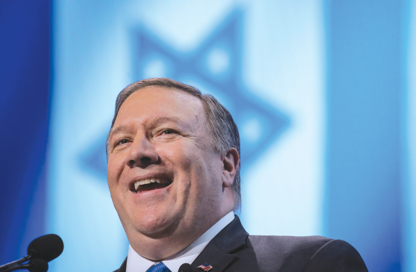 Secretary of State Mike Pompeo speaks at the AIPAC policy conference in Washington in March. (photo credit: BRENDAN MCDERMID/REUTERS)
