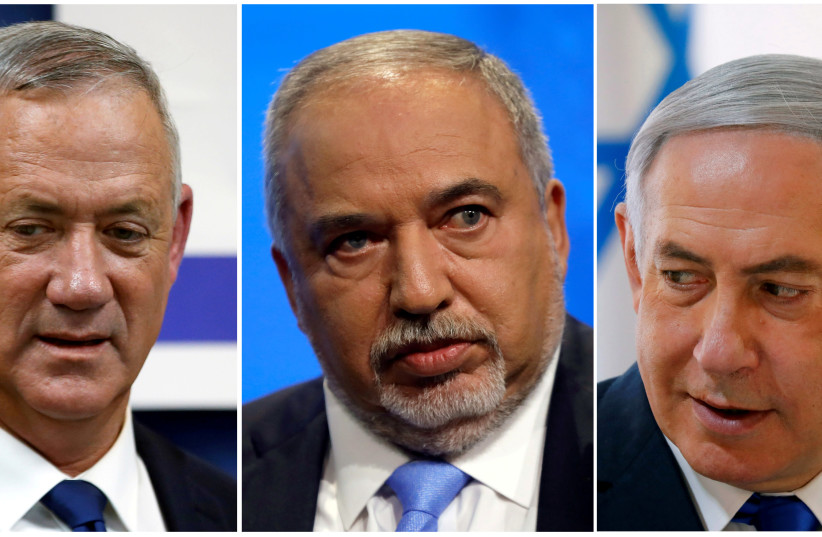 Blue and White leader Benny Gantz, Yisrael Beteynu chairman Avigdor Liberman and Prime Minister Benjamin Netanyahu (photo credit: REUTERS)