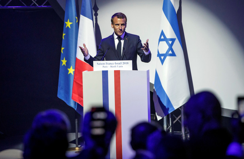  French President Emmanuel Macron attends the opening ceremony of the France-Israel season event in Paris. (photo credit: CHRISTOPHE PETIT TESSON/POOL VIA REUTERS)