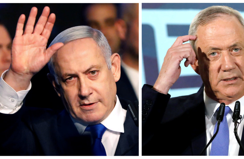 A combination picture shows Israeli Prime Minister Benjamin Netanyahu in Tel Aviv, Israel November 17, 2019, and leader of Blue and White party Benny Gantz in Tel Aviv, Israel November 20, 2019 (photo credit: REUTERS//NIR ELIAS/AMIR COHEN)