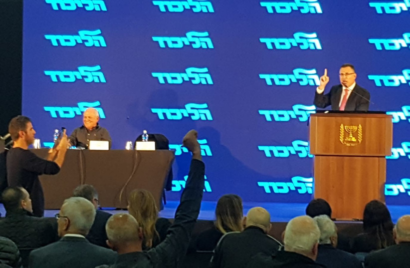 MK Gideon Sa’ar speaks at a Likud central committee meeting on December 8, 2019 (photo credit: OFIR BAR)