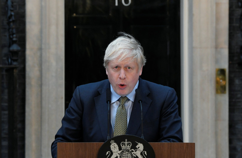 Britain's Prime Minister Boris Johnson delivers a statement at Downing Street after winning the general election, in London, Britain, December 13, 2019. (photo credit: TOBY MELVILLE/REUTERS)