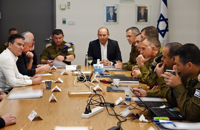 Defense Minister Naftali Bennett at meeting with Chief of Staff Aviv Kochavi and security officials, Jan. 3, 2020 (photo credit: ARIEL HERMONI / DEFENSE MINISTRY)