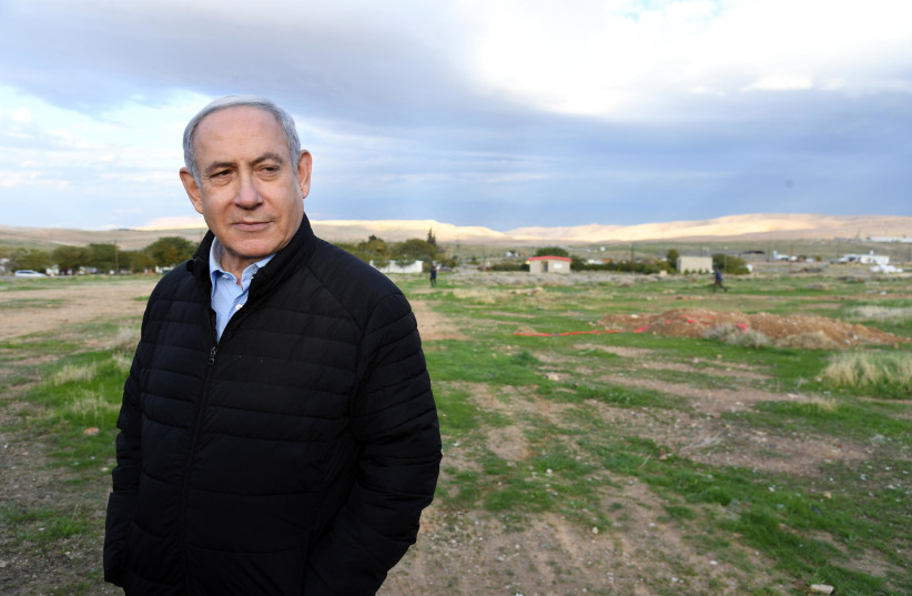 Prime Minister Benjamin Netanyahu in Mevo'ot Yericho in the Jordan Valley (photo credit: HAIM ZACH/GPO)
