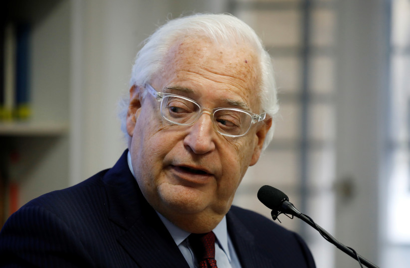 US Ambassador to Israel David Friedman looks on as he speaks during a briefing at The Jerusalem Center for Public Affairs in Jerusalem February 9, 2020. (photo credit: AMIR COHEN/REUTERS)