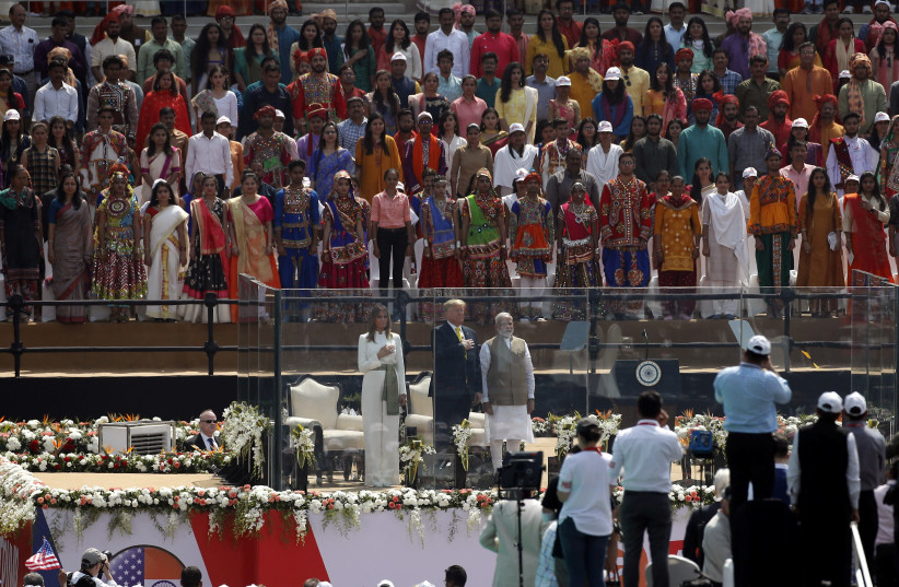 U.S. President Donald Trump and first lady Melania Trump attend the "Namaste Trump" event with Indian Prime Minister Narendra Modi at Sardar Patel Gujarat Stadium, in Ahmedabad, India, February 24, 2020 (photo credit: REUTERS/ADNAN ABIDI)
