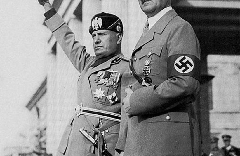 FASCIST SALUTE: ‘Il Duce’ Benito Mussolini with Nazi Chancellor Adolf Hitler. (photo credit: Courtesy)
