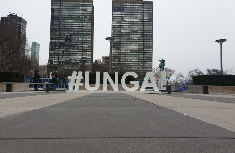 The UN General Assembly sign outside of the United Nations building in New York (photo credit: TAMAR BEERI)