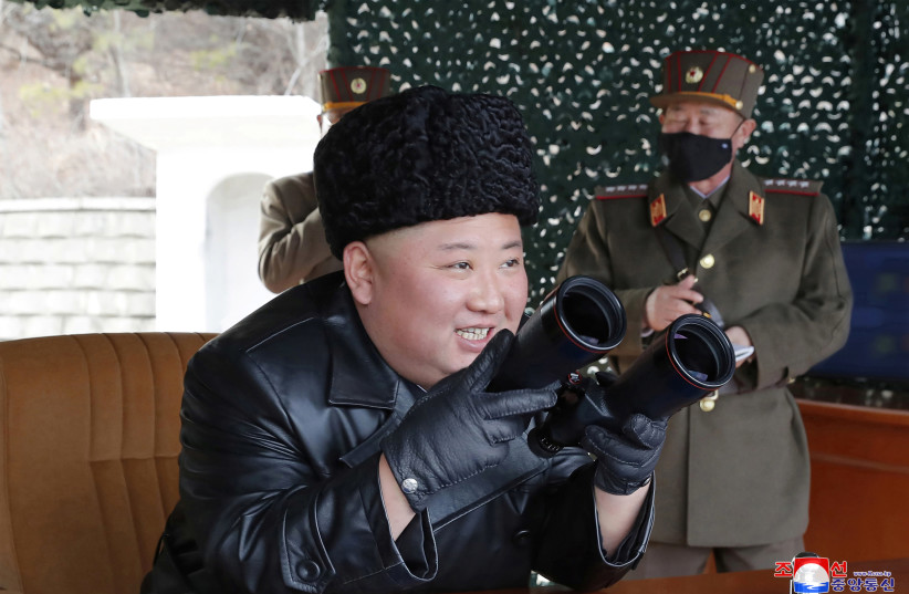 North Korean leader Kim Jong Un visits a drill of long-range artillery sub-units of the Korean People's Army (photo credit: REUTERS)