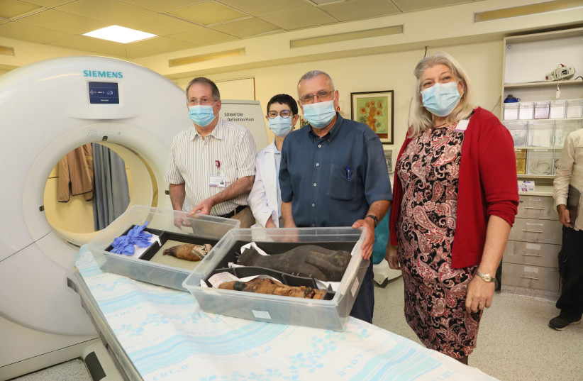 Mummies from the Haifa Museums undergo a CT scanning at the Rambam Health Care Campus on June 29, 2020 (photo credit: RAMBAM HEALTH CARE CAMPUS SPOKESPERSON'S OFFICE)
