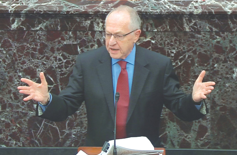ALAN DERSHOWITZ speaks during the impeachment trial against President Donald Trump in the US Capitol in Washington on January 27. (photo credit: US SENATE TV/REUTERS)