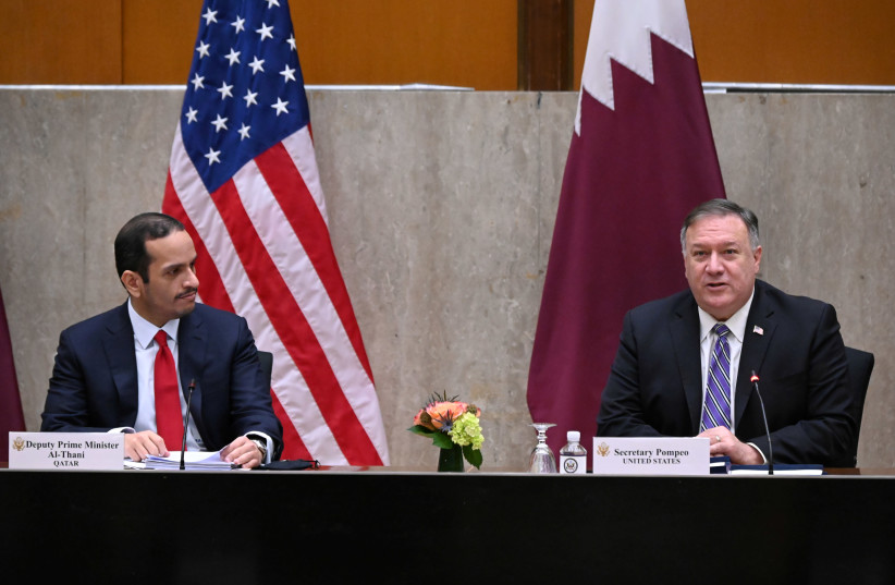 FILE PHOTO: U.S. Secretary of State Mike Pompeo welcomes Qatar’s Deputy Prime Minister Mohammed bin Abdulrahman Al Thani to launch the third annual U.S.-Qatar Strategic Dialogue at the State Department in Washington, U.S., September 14, 2020 (photo credit: REUTERS/ERIN SCOTT/POOL/FILE PHOTO)