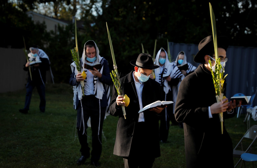 Orthodox Jews gather for "Hoshanot prayers" as part of their Sukkot observance on neighborhood lawn in Monsey, New York (photo credit: REUTERS/MIKE SEGAR)