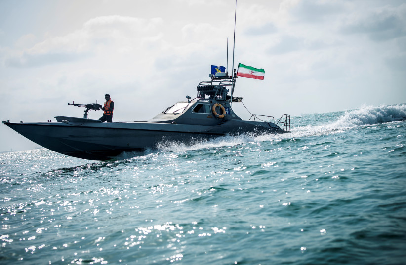 A boat of the Iranian Revolutionary Guard (IRGC) sails, at undisclosed place off the coast of Bandar Abbas, Iran August 22, 2019. (photo credit: NAZANIN TABATABAEE/WANA VIA REUTERS)
