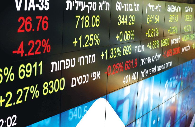 MARKET DATA at the Tel Aviv Stock Exchange.  (photo credit: AMIR COHEN/REUTERS)