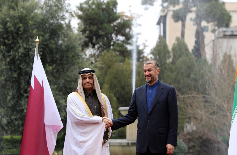  Iran's Foreign Minister Hossein Amir-Abdollahian meets with Qatar's Deputy Prime Minister and Foreign Minister Mohammed bin Abdulrahman Al Thani, in Tehran, Iran, January 27, 2022. (photo credit: Iran's Foreign Ministry/ WANA (West Asia News Agency)/Handout via REUTERS)