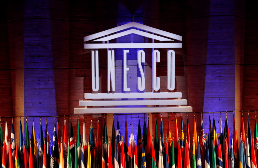  The UNESCO logo is seen during the opening of the 39th session of the General Conference of the United Nations Educational, Scientific and Cultural Organization (UNESCO) at their headquarters in Paris, France, October 30, 2017.  (photo credit: REUTERS/PHILIPPE WOJAZER)