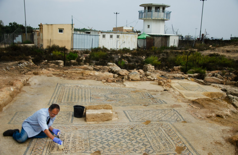  Early Christian mosaic to be 'released' from jail, Megiddo Prison move announced. (photo credit: YOLI SCHWARTZ/ISRAEL ANTIQUITIES AUTHORITY)
